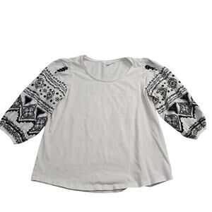 Chico’s White Embroidered Puff Sleeve Blouse Bohemian Sz L Lagenlook Artsy